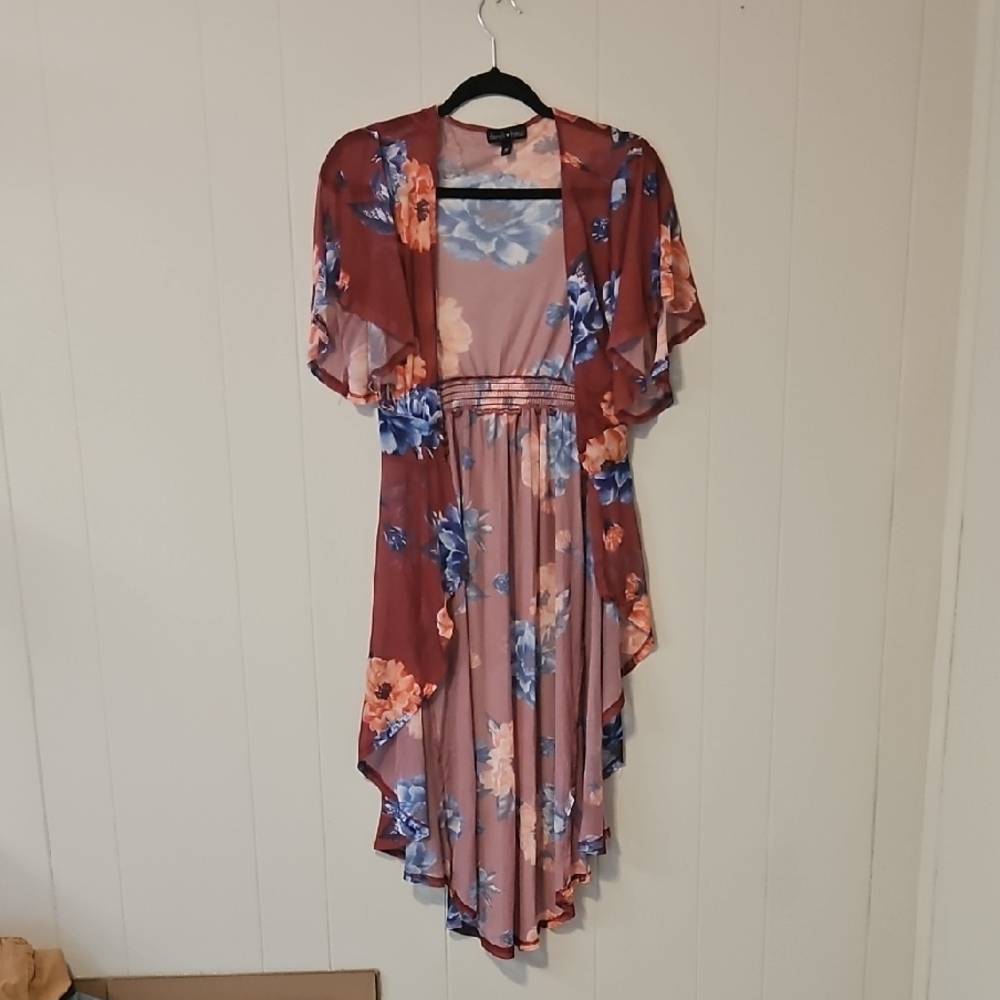 Derek Heart Burgundy and Blue Floral High Low Dress